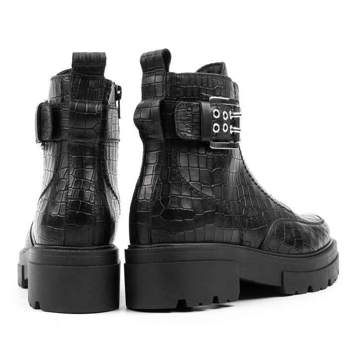 SHARI ANKLE ZIP Black Embossed