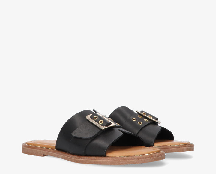 AUDREY BUCKLE SANDAL Black Leather