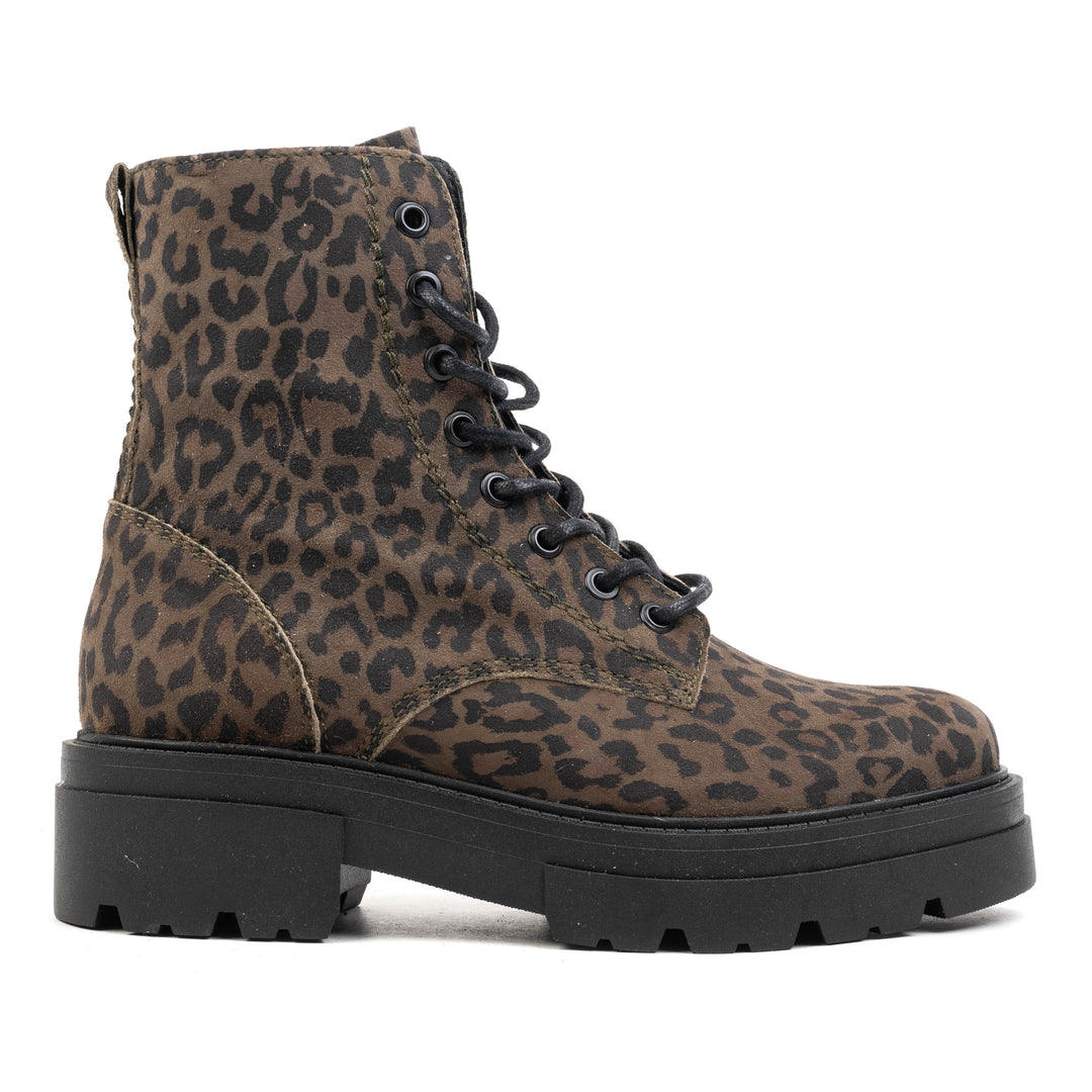 SHARI MID COMBAT Olive Leopard Suede