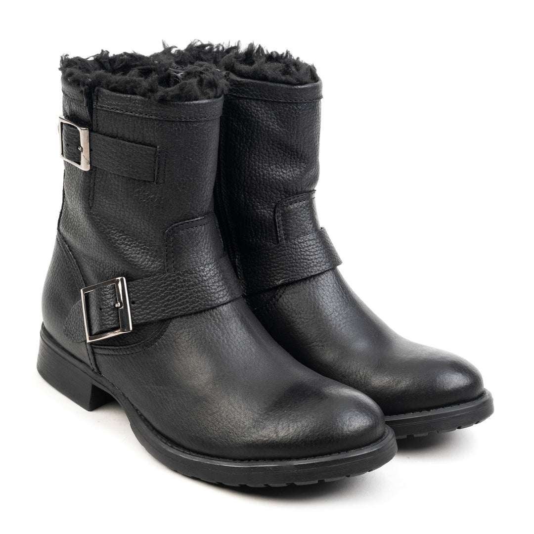 SARAH BUCKLE BIKER BOOT Black Leather