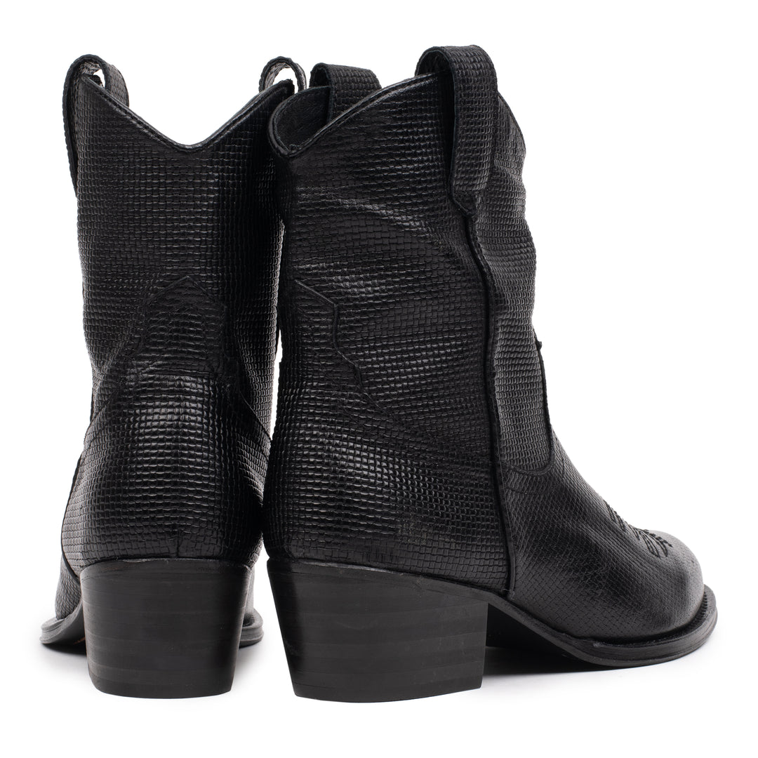 OMNIO Botine Negre | Dulce Western Short Black Leather Embossed - b