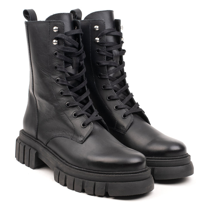 LORETA COMBAT MID Black Leather Milled