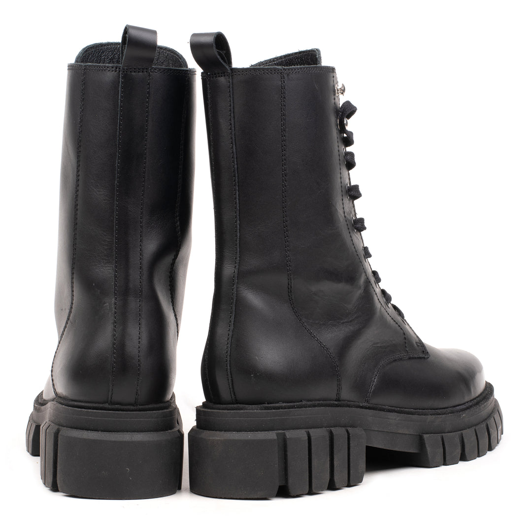 LORETA COMBAT MID Black Leather Milled