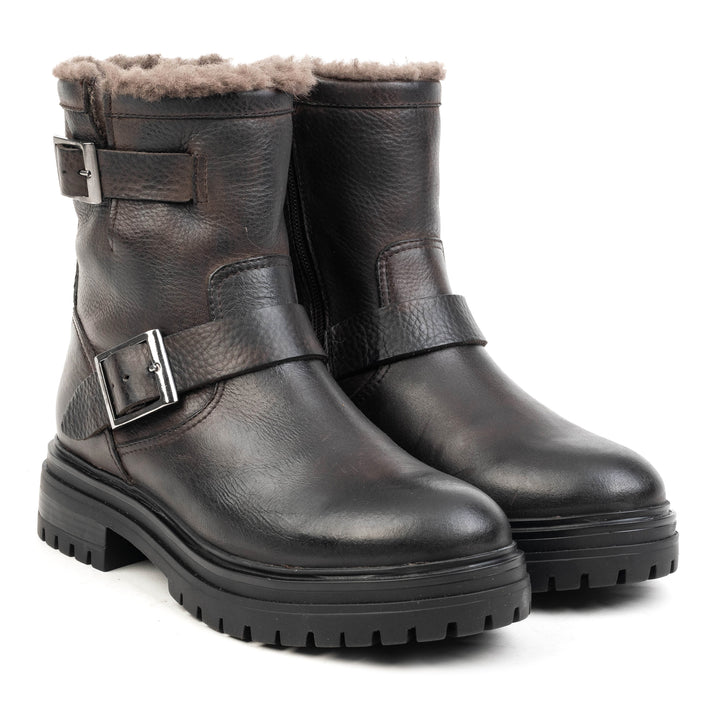 LEYTON BUCKLE BIKER BOOT Brown Leather Milled