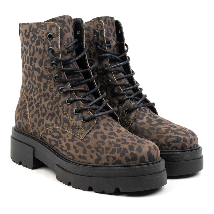 SHARI MID COMBAT Olive Leopard Suede