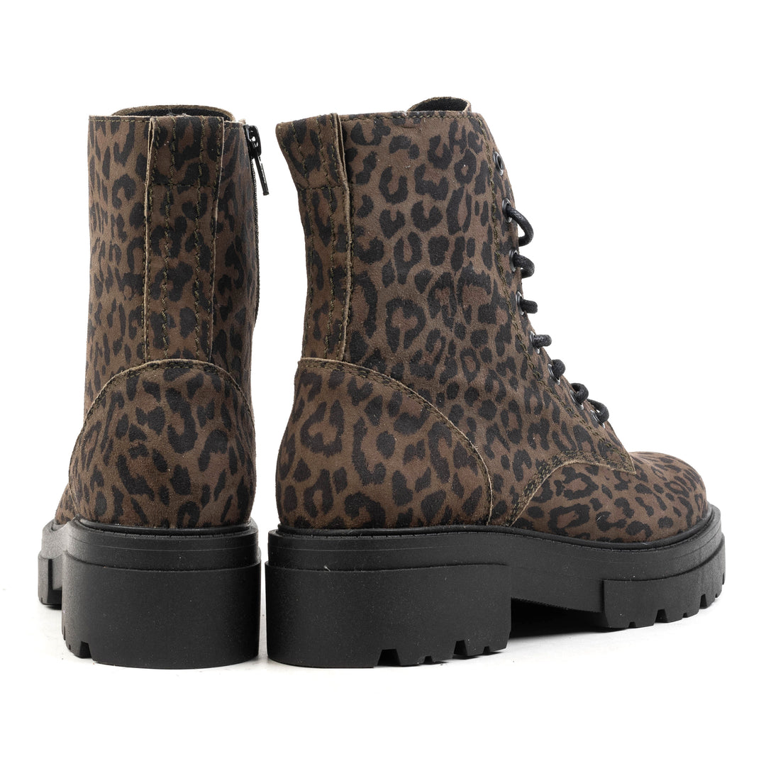 SHARI MID COMBAT Olive Leopard Suede