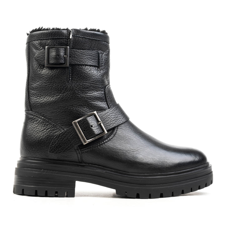 LEYTON BUCKLE BIKER BOOT Black Leather Milled