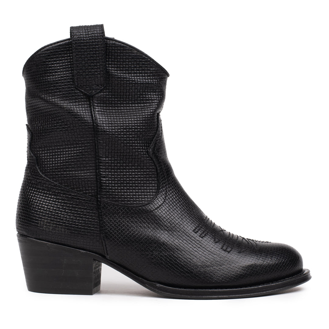 OMNIO Botine Negre | Dulce Western Short Black Leather Embossed - s