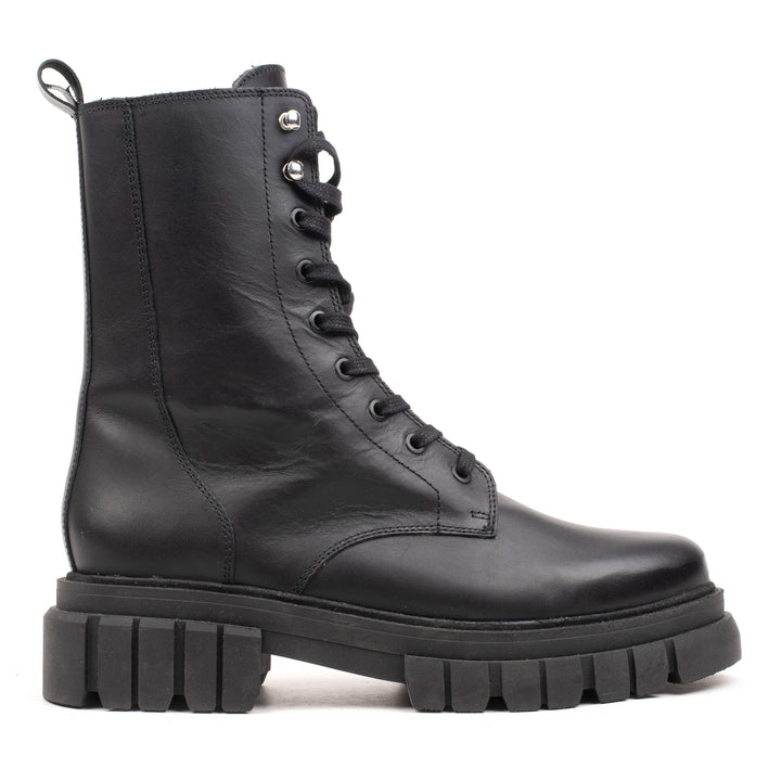 LORETA COMBAT MID Black Leather Milled